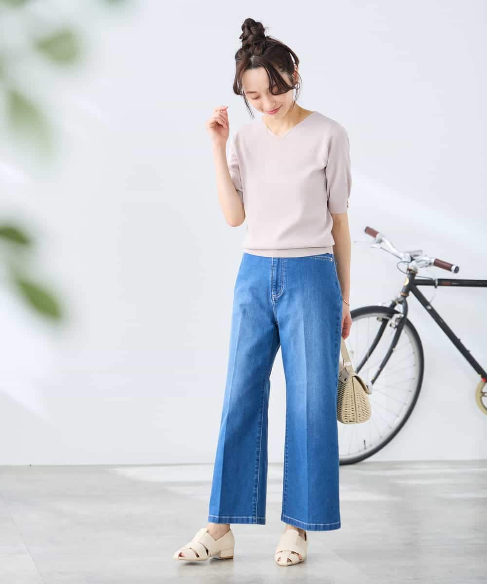 K3FGD79039 a.v.v Elmi(アー・ヴェ・ヴェ) 【低身長サイズ】袖ディテールハーフスリーブVネックサマーニット【洗える/接触冷感/UVカット】 オレンジ