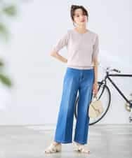 K3FGD79039 a.v.v Elmi(アー・ヴェ・ヴェ) 【低身長サイズ】袖ディテールハーフスリーブVネックサマーニット【洗える/接触冷感/UVカット】 オレンジ