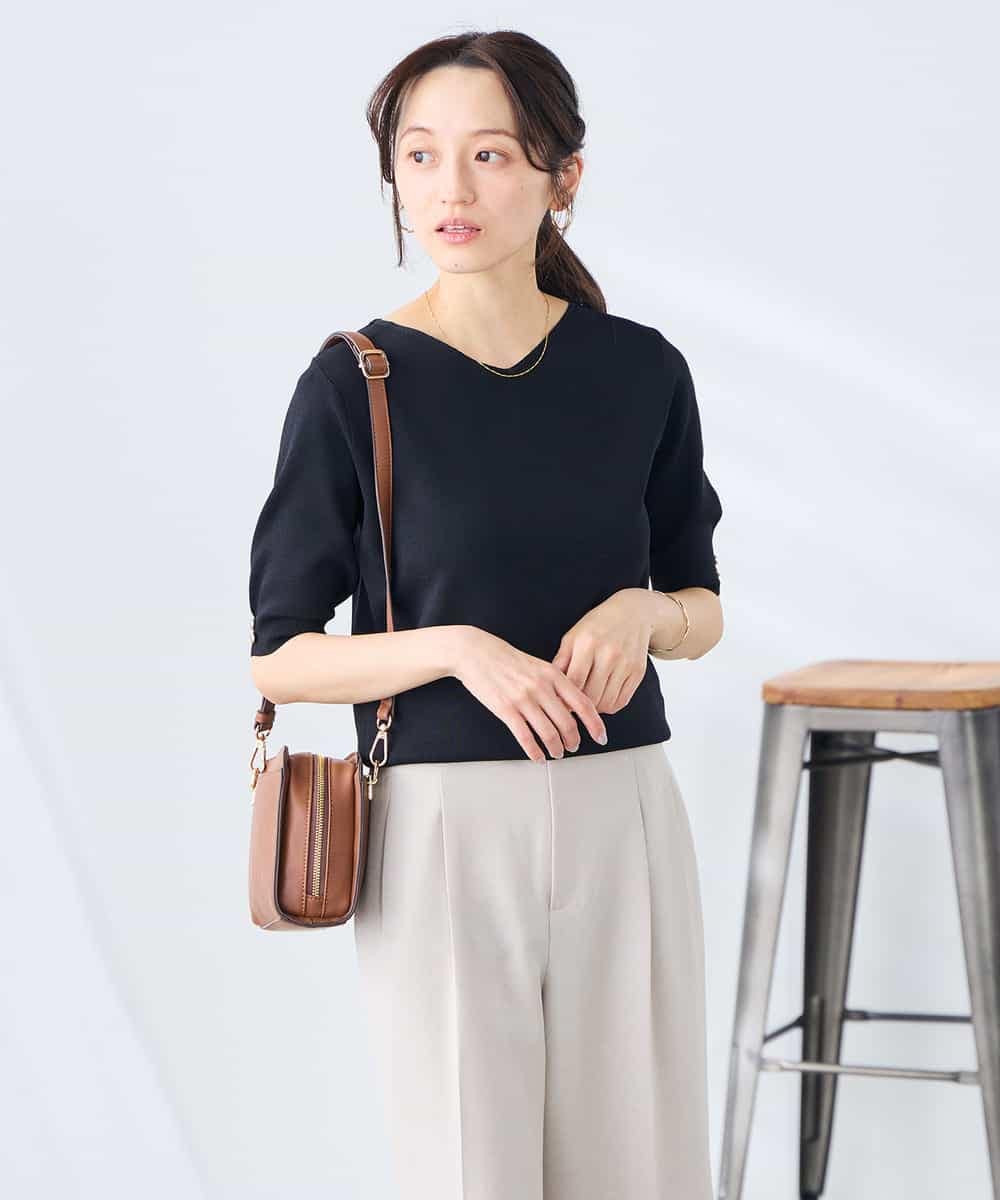 K3FGD79039 a.v.v Elmi(アー・ヴェ・ヴェ) 【低身長サイズ】袖ディテールハーフスリーブVネックサマーニット【洗える/接触冷感/UVカット】 オレンジ