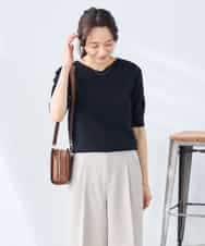 K3FGD79039 a.v.v Elmi(アー・ヴェ・ヴェ) 【低身長サイズ】袖ディテールハーフスリーブVネックサマーニット【洗える/接触冷感/UVカット】 オレンジ