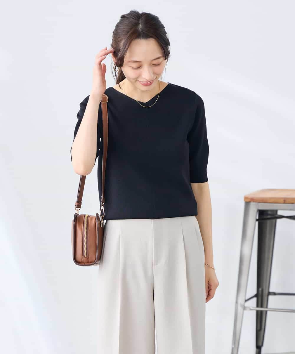 K3FGD79039 a.v.v Elmi(アー・ヴェ・ヴェ) 【低身長サイズ】袖ディテールハーフスリーブVネックサマーニット【洗える/接触冷感/UVカット】 オレンジ