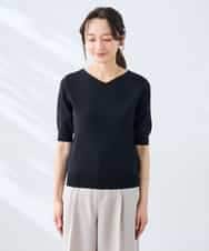 K3FGD79039 a.v.v Elmi(アー・ヴェ・ヴェ) 【低身長サイズ】袖ディテールハーフスリーブVネックサマーニット【洗える/接触冷感/UVカット】 オレンジ