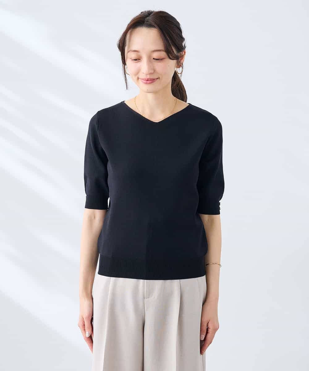 K3FGD79039 a.v.v Elmi(アー・ヴェ・ヴェ) 【低身長サイズ】袖ディテールハーフスリーブVネックサマーニット【洗える/接触冷感/UVカット】 オレンジ