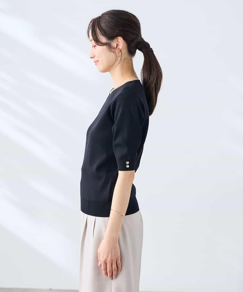 K3FGD79039 a.v.v Elmi(アー・ヴェ・ヴェ) 【低身長サイズ】袖ディテールハーフスリーブVネックサマーニット【洗える/接触冷感/UVカット】 オレンジ