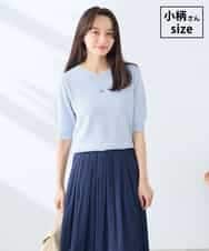 K3FGD79039 a.v.v Elmi(アー・ヴェ・ヴェ) 【低身長サイズ】袖ディテールハーフスリーブVネックサマーニット【洗える/接触冷感/UVカット】 ライトブルー