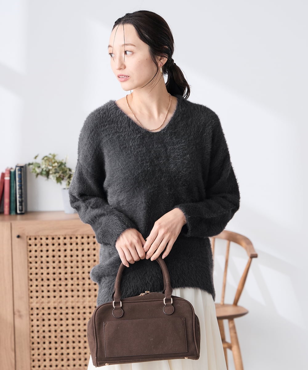 K3FLA21044 a.v.v Elmi(アー・ヴェ・ヴェ) 【低身長サイズ】フェザーヤーンVネックニット ダークグレー