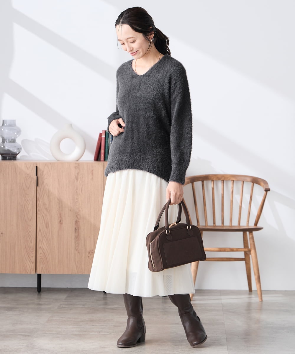 K3FLA21044 a.v.v Elmi(アー・ヴェ・ヴェ) 【低身長サイズ】フェザーヤーンVネックニット ダークグレー