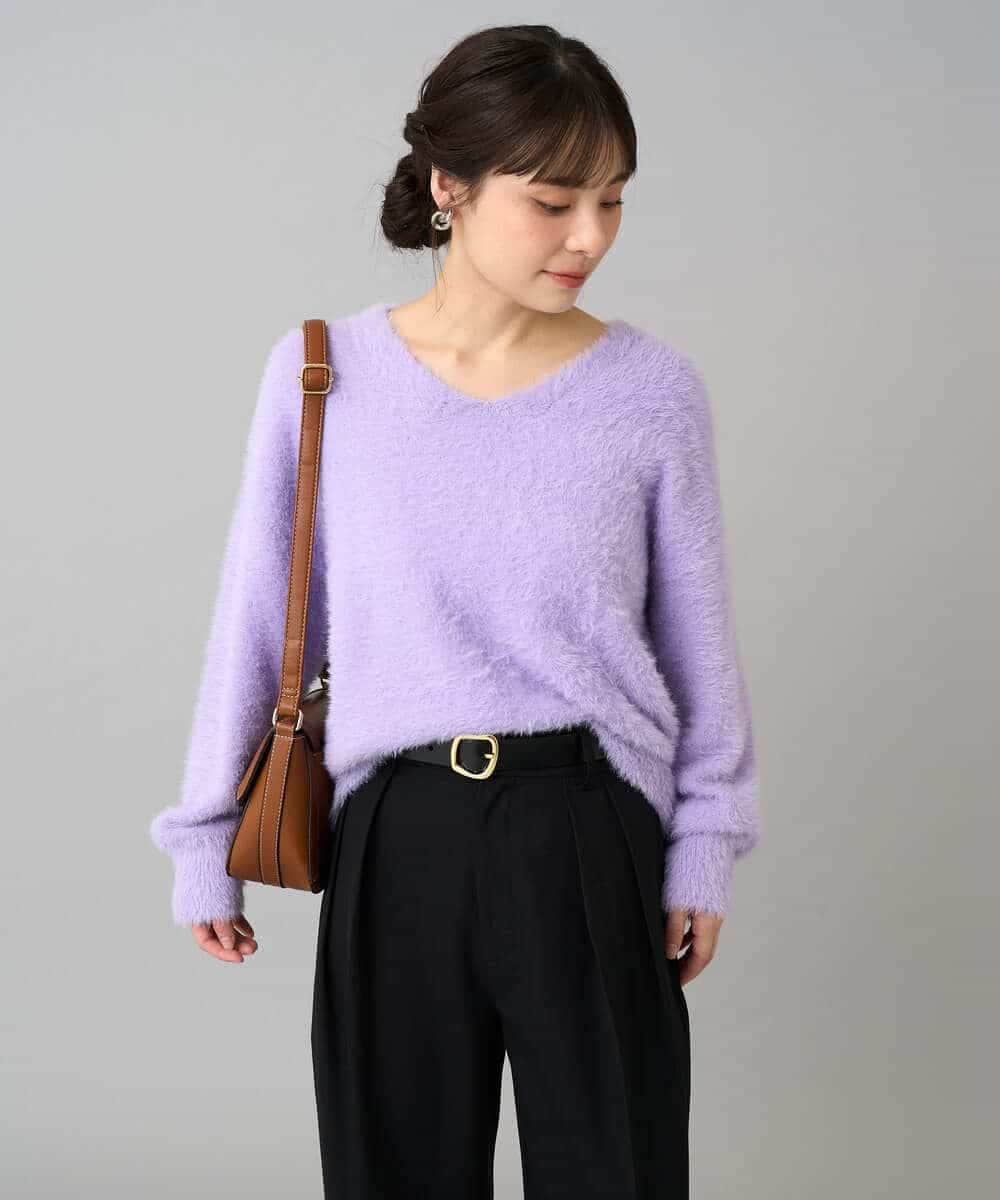 K3FLA21044 a.v.v Elmi(アー・ヴェ・ヴェ) 【低身長サイズ】フェザーヤーンVネックニット ダークグレー