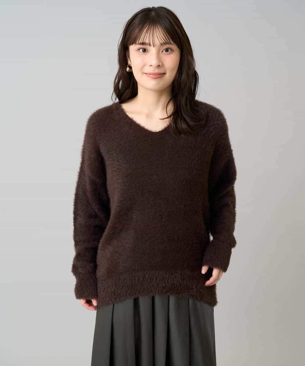 K3FLA21044 a.v.v Elmi(アー・ヴェ・ヴェ) 【低身長サイズ】フェザーヤーンVネックニット ダークグレー