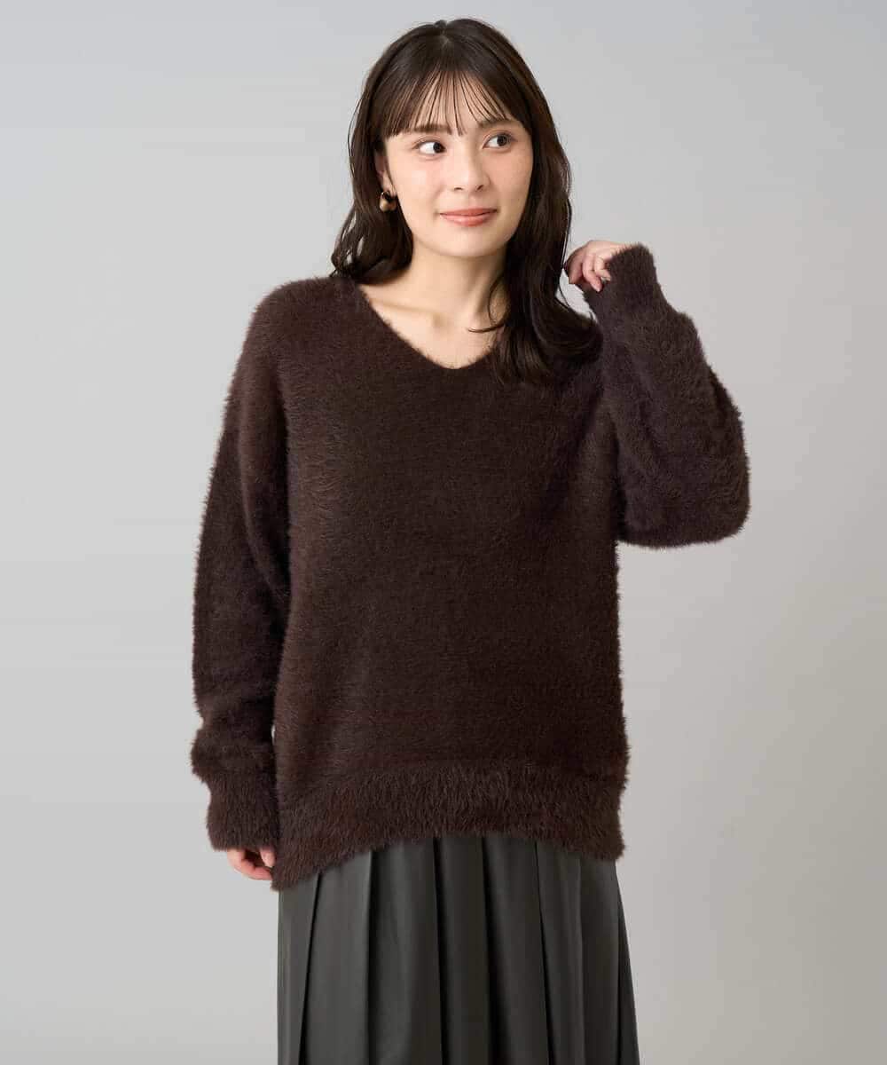 K3FLA21044 a.v.v Elmi(アー・ヴェ・ヴェ) 【低身長サイズ】フェザーヤーンVネックニット ダークグレー