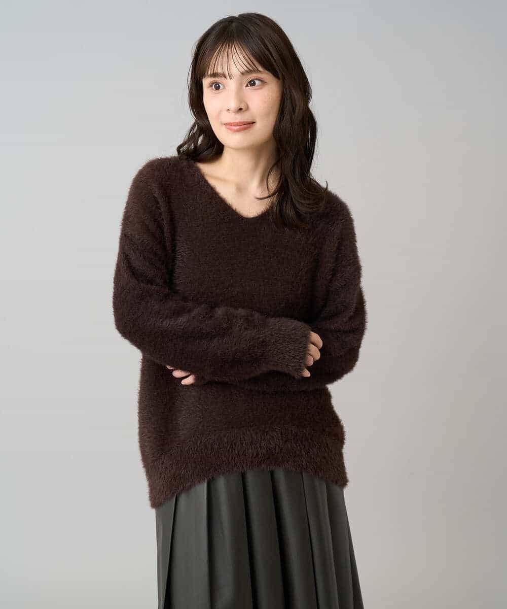 K3FLA21044 a.v.v Elmi(アー・ヴェ・ヴェ) 【低身長サイズ】フェザーヤーンVネックニット ダークグレー