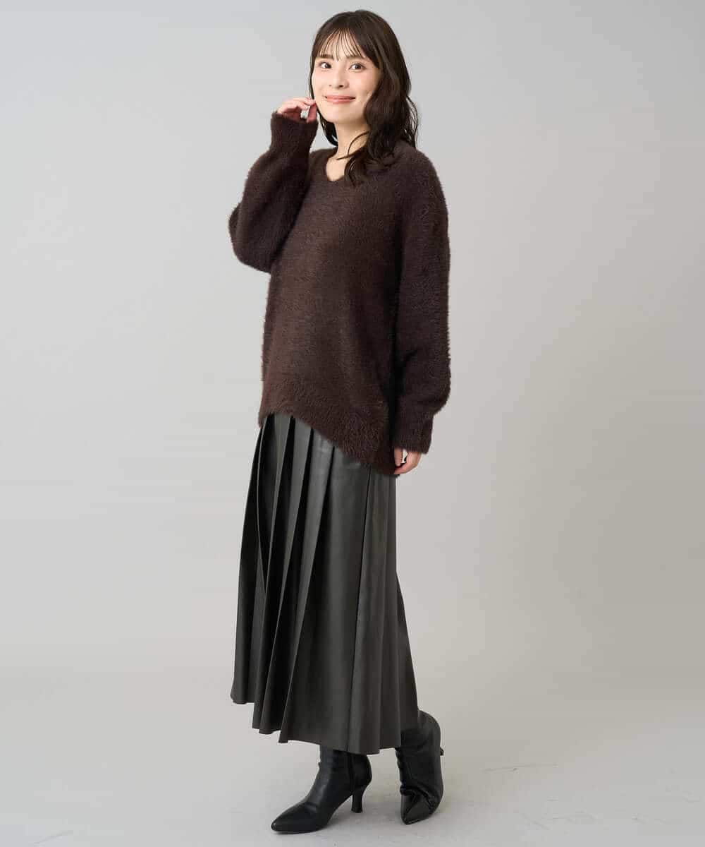 K3HBD18069 a.v.v Elmi(アー・ヴェ・ヴェ) 【低身長サイズ】レザープリーツスカート【洗える】 ダークグレー