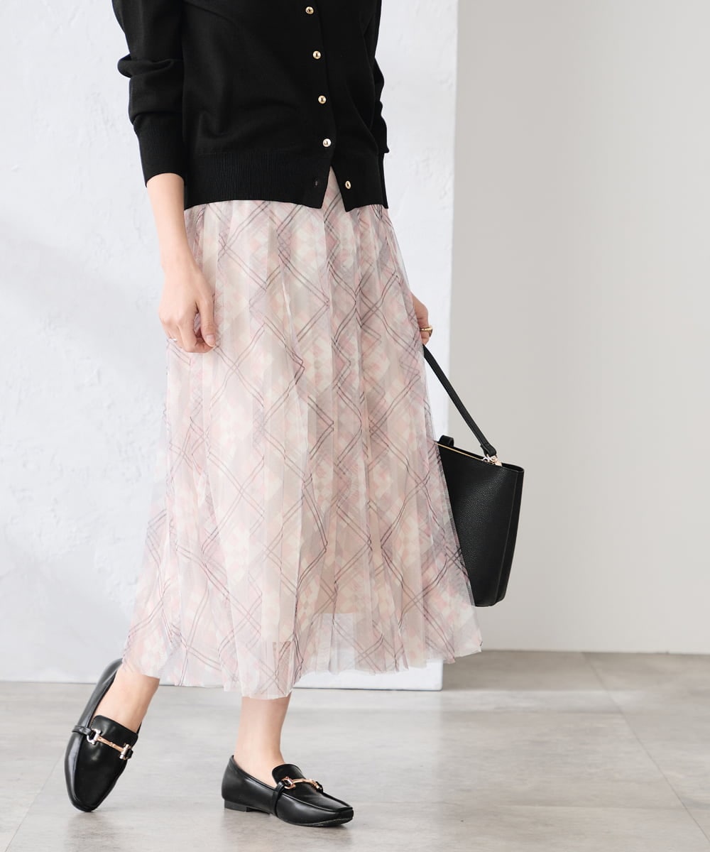 K3HDD23064 a.v.v Elmi(アー・ヴェ・ヴェ) 【低身長サイズ】チェック柄チュールスカート ベージュ