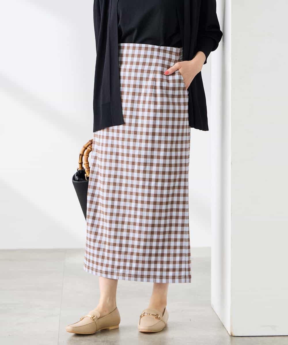 K3HFD15054 a.v.v Elmi(アー・ヴェ・ヴェ) 【低身長サイズ】【洗濯機で洗える】ギンガムチェック柄ナロースカート ブラウン×ライトブルーギンガム