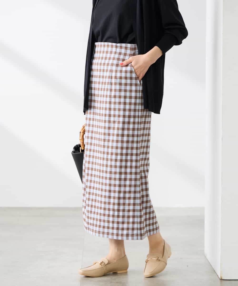 K3HFD15054 a.v.v Elmi(アー・ヴェ・ヴェ) 【低身長サイズ】【洗濯機で洗える】ギンガムチェック柄ナロースカート ブラウン×ライトブルーギンガム