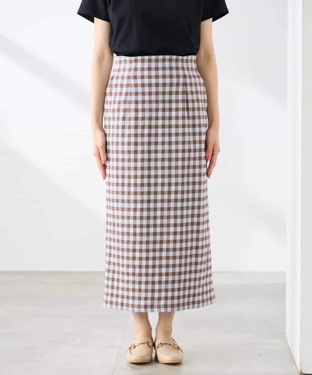 K3HFD15054 a.v.v Elmi(アー・ヴェ・ヴェ) 【低身長サイズ】【洗濯機で洗える】ギンガムチェック柄ナロースカート ブラウン×ライトブルーギンガム