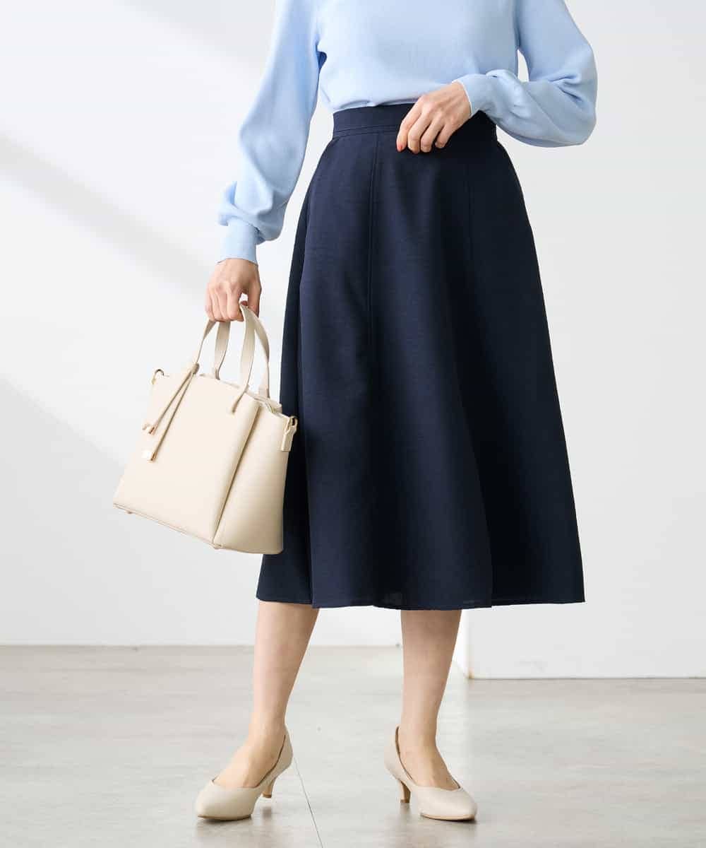 K3HGD04059 a.v.v Elmi(アー・ヴェ・ヴェ) 【低身長サイズ/接触冷感/UVカット】リネンライクフレアスカート【セットアップ対応/アンチピリング】 ネイビー