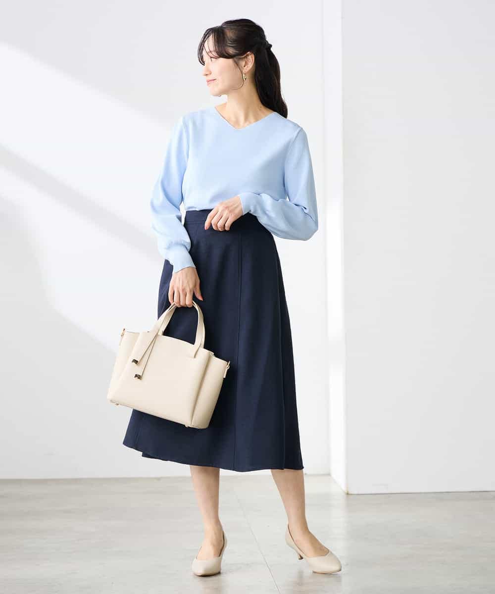 K3HGD04059 a.v.v Elmi(アー・ヴェ・ヴェ) 【低身長サイズ/接触冷感/UVカット】リネンライクフレアスカート【セットアップ対応/アンチピリング】 ネイビー