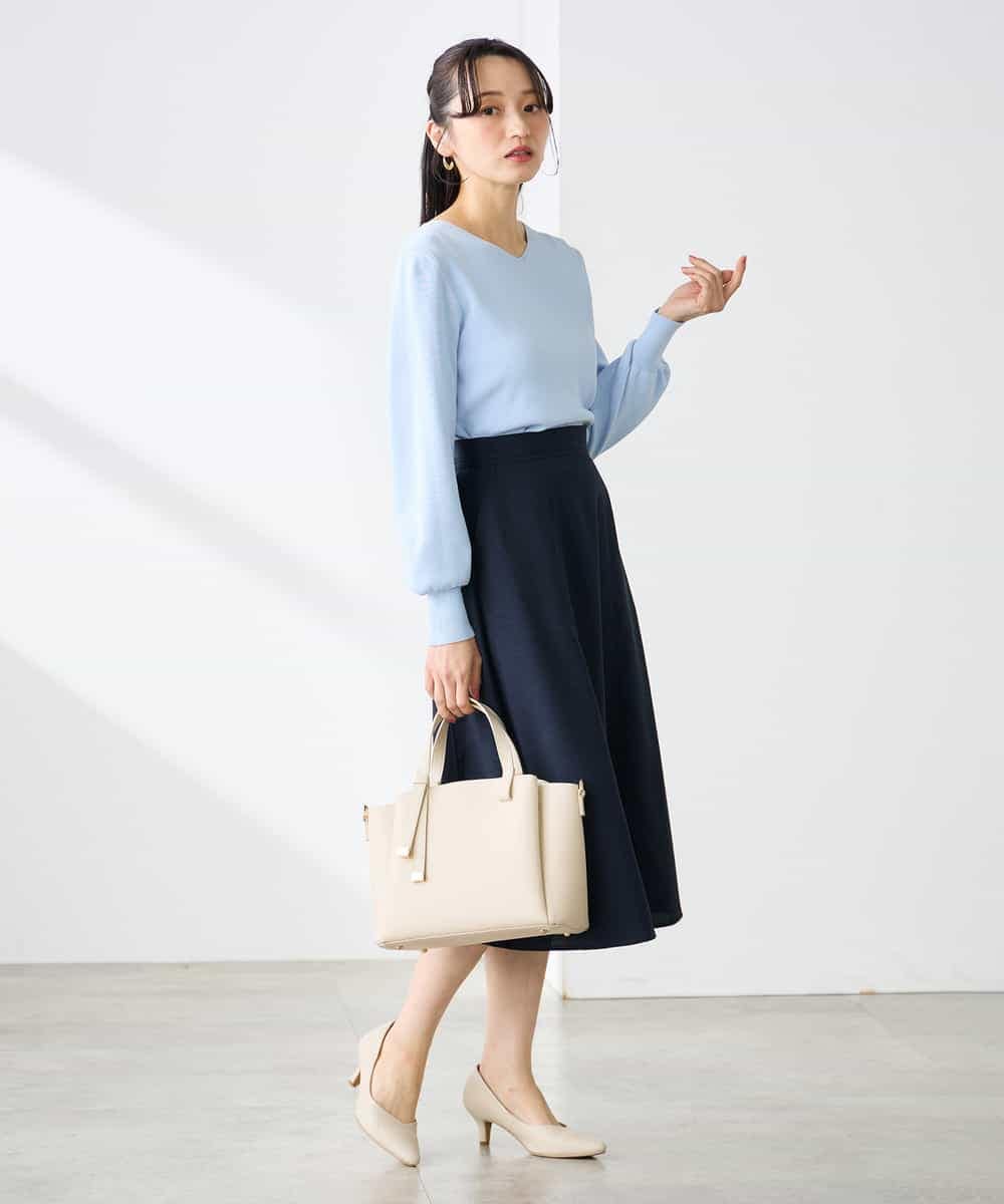 K3HGD04059 a.v.v Elmi(アー・ヴェ・ヴェ) 【低身長サイズ/接触冷感/UVカット】リネンライクフレアスカート【セットアップ対応/アンチピリング】 ネイビー