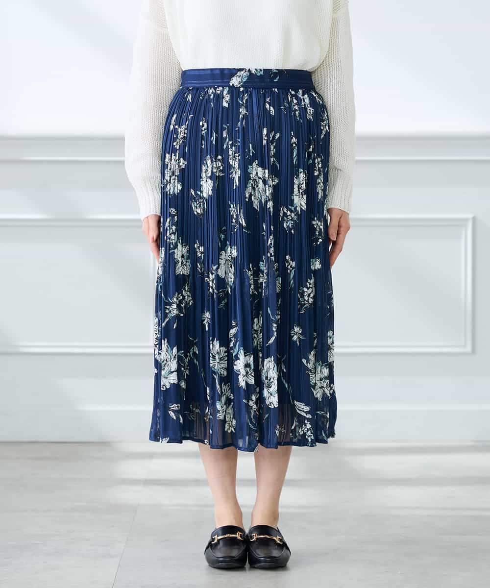 K3HGD36059 a.v.v Elmi(アー・ヴェ・ヴェ) 【低身長サイズ/洗える】フラワープリントランダムプリーツスカート ネイビー