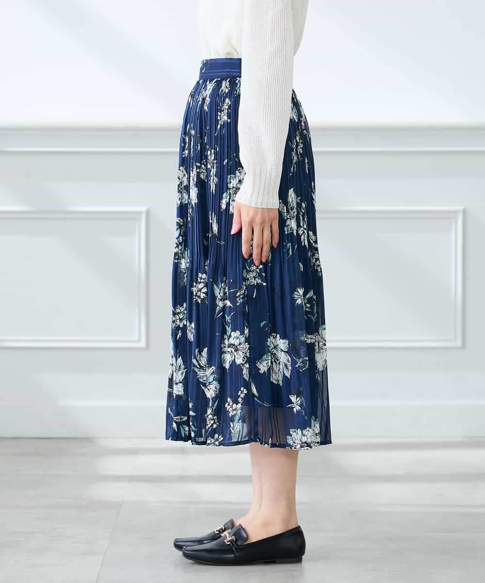 K3HGD36059 a.v.v Elmi(アー・ヴェ・ヴェ) 【低身長サイズ/洗える】フラワープリントランダムプリーツスカート ネイビー