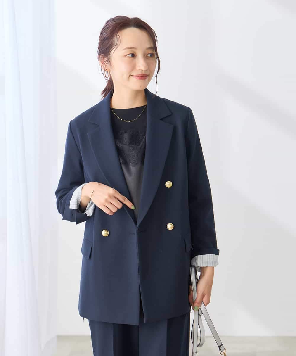 K3JAG08119 a.v.v Elmi(アー・ヴェ・ヴェ) 【低身長サイズ】ダブルブレスト ジャケット【洗える/裏起毛】 ネイビー
