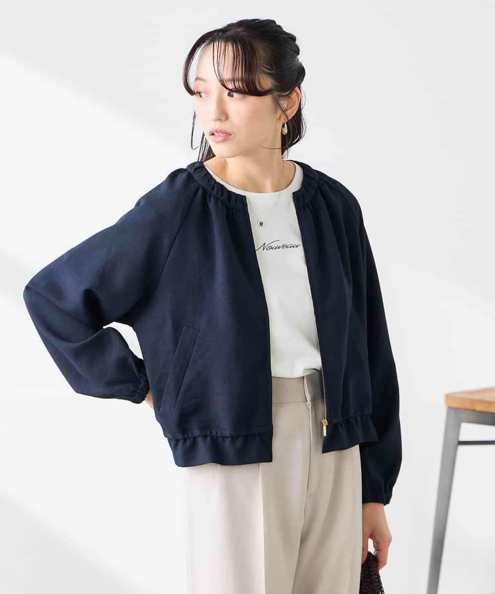 K3JFD02089 a.v.v Elmi(アー・ヴェ・ヴェ) 【低身長サイズ/接触冷感/UVカット】リネンライクノーカラージップブルゾン【セットアップ対応/アンチピリング】 ネイビー