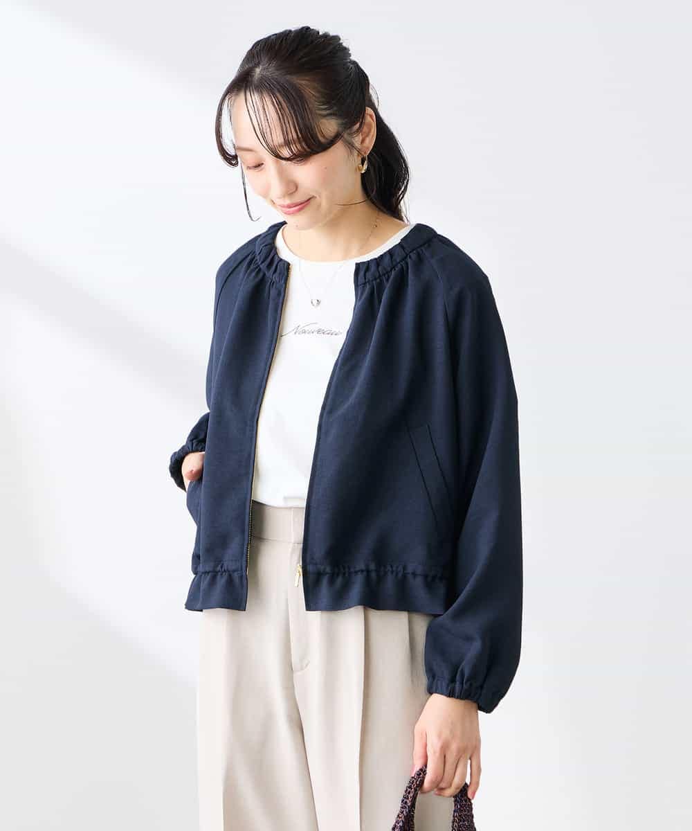 K3JFD02089 a.v.v Elmi(アー・ヴェ・ヴェ) 【低身長サイズ/接触冷感/UVカット】リネンライクノーカラージップブルゾン【セットアップ対応/アンチピリング】 ネイビー
