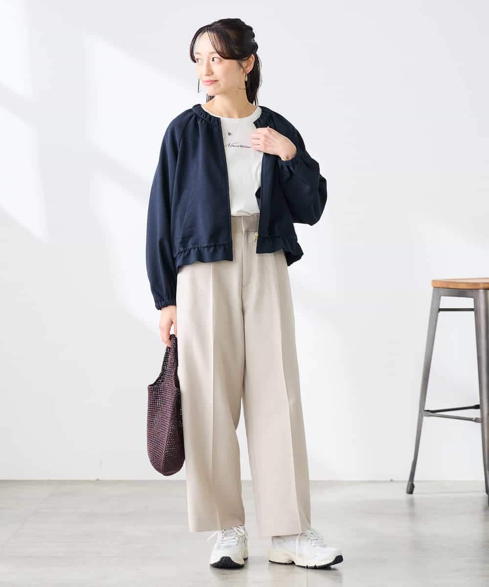 K3JFD02089 a.v.v Elmi(アー・ヴェ・ヴェ) 【低身長サイズ/接触冷感/UVカット】リネンライクノーカラージップブルゾン【セットアップ対応/アンチピリング】 ネイビー