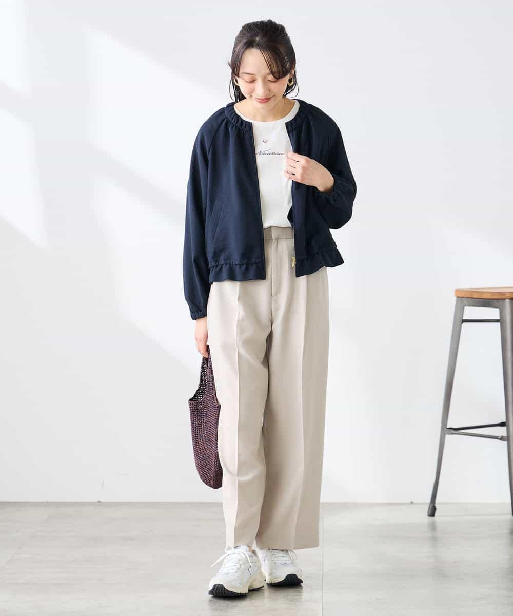 K3JFD02089 a.v.v Elmi(アー・ヴェ・ヴェ) 【低身長サイズ/接触冷感/UVカット】リネンライクノーカラージップブルゾン【セットアップ対応/アンチピリング】 ネイビー