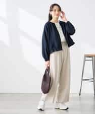 K3JFD02089 a.v.v Elmi(アー・ヴェ・ヴェ) 【低身長サイズ/接触冷感/UVカット】リネンライクノーカラージップブルゾン【セットアップ対応/アンチピリング】 ネイビー