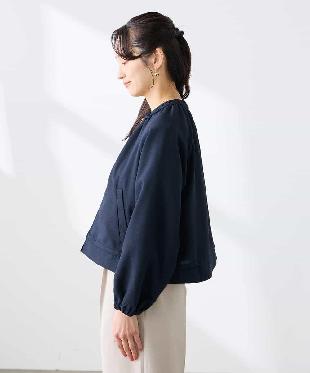 K3JFD02089 a.v.v Elmi(アー・ヴェ・ヴェ) 【低身長サイズ/接触冷感/UVカット】リネンライクノーカラージップブルゾン【セットアップ対応/アンチピリング】 ネイビー