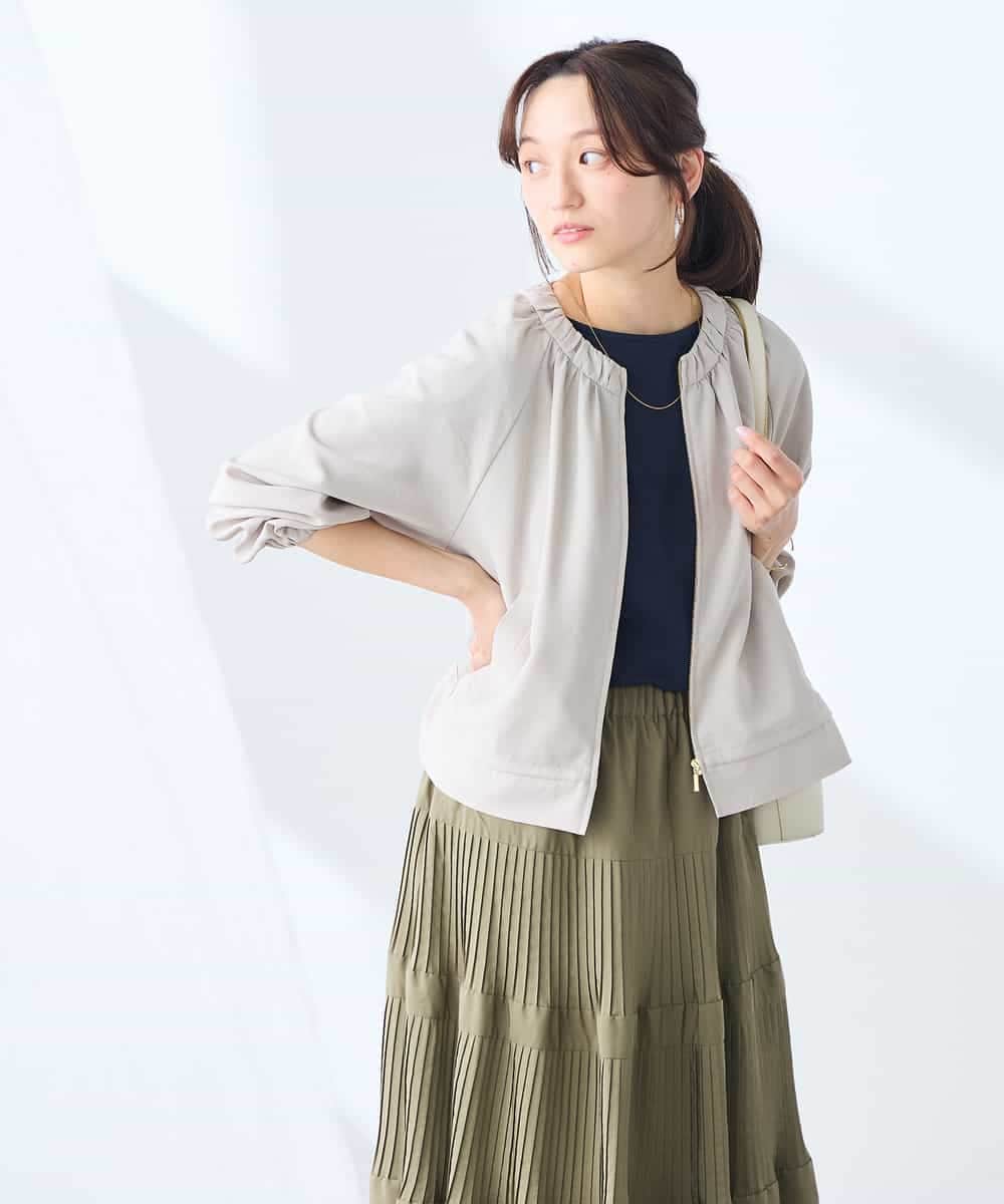 K3JFD02089 a.v.v Elmi(アー・ヴェ・ヴェ) 【低身長サイズ/接触冷感/UVカット】リネンライクノーカラージップブルゾン【セットアップ対応/アンチピリング】 ネイビー