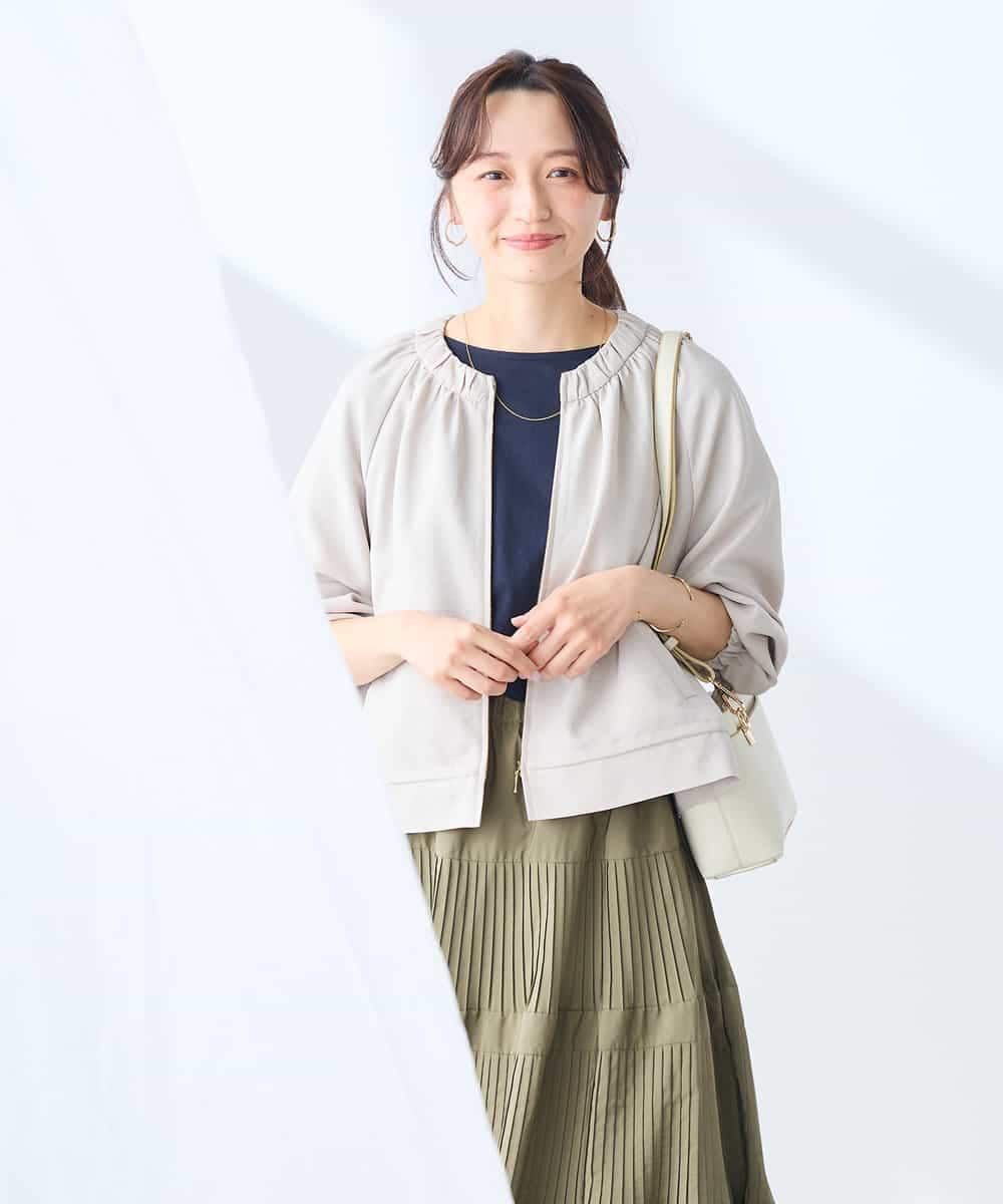 K3JFD02089 a.v.v Elmi(アー・ヴェ・ヴェ) 【低身長サイズ/接触冷感/UVカット】リネンライクノーカラージップブルゾン【セットアップ対応/アンチピリング】 ネイビー