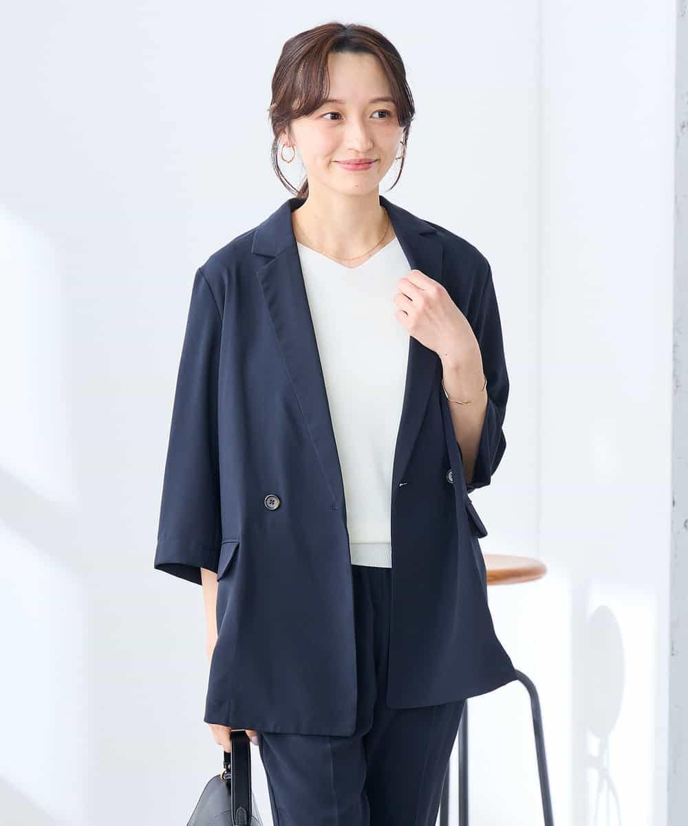 K3JGD06089 a.v.v Elmi(アー・ヴェ・ヴェ) 【低身長サイズ】ハーフスリーブダブルジャケット［接触冷感/速乾/UVカット/イージーケア］ ネイビー