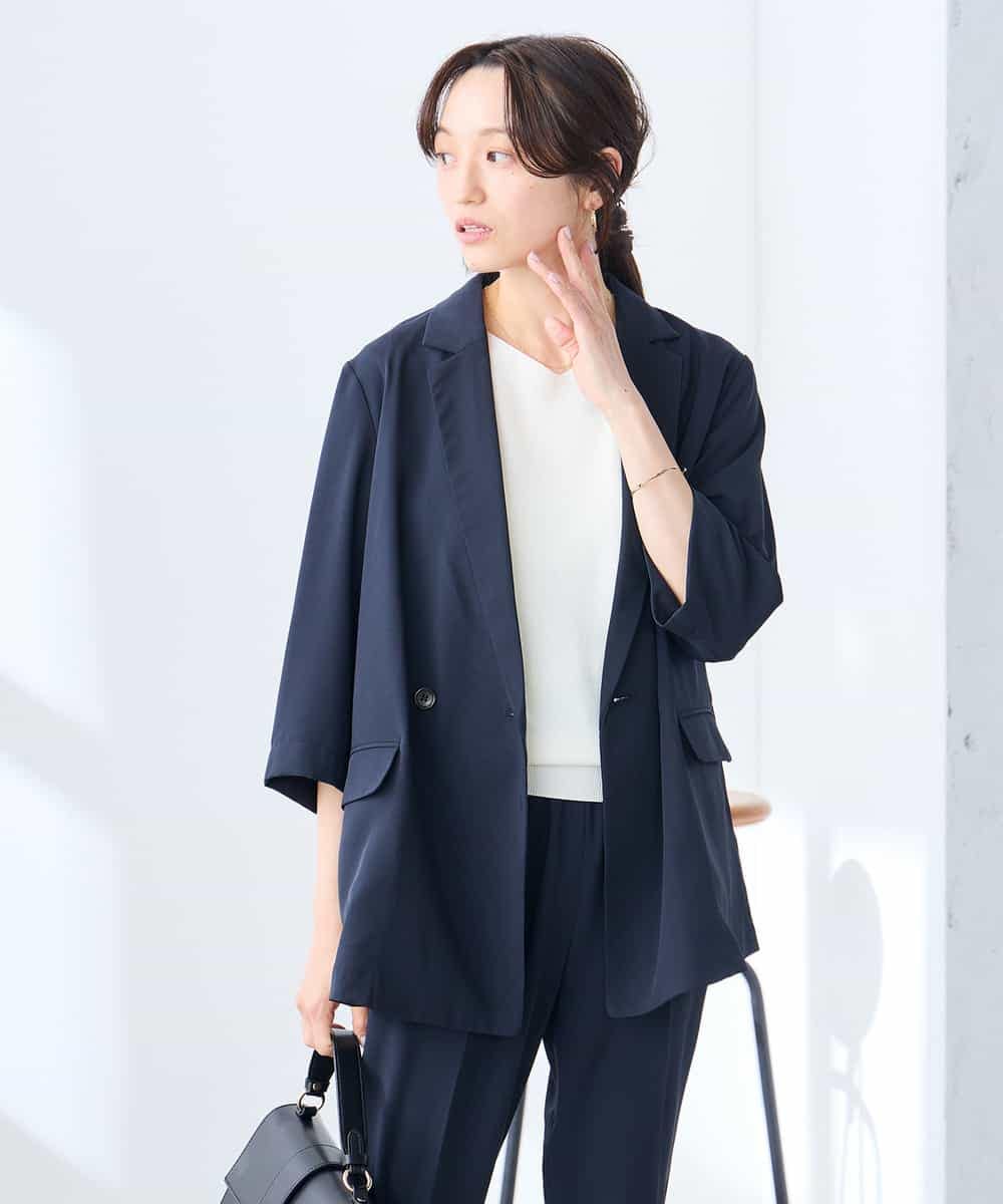 K3JGD06089 a.v.v Elmi(アー・ヴェ・ヴェ) 【低身長サイズ】ハーフスリーブダブルジャケット［接触冷感/速乾/UVカット/イージーケア］ ネイビー