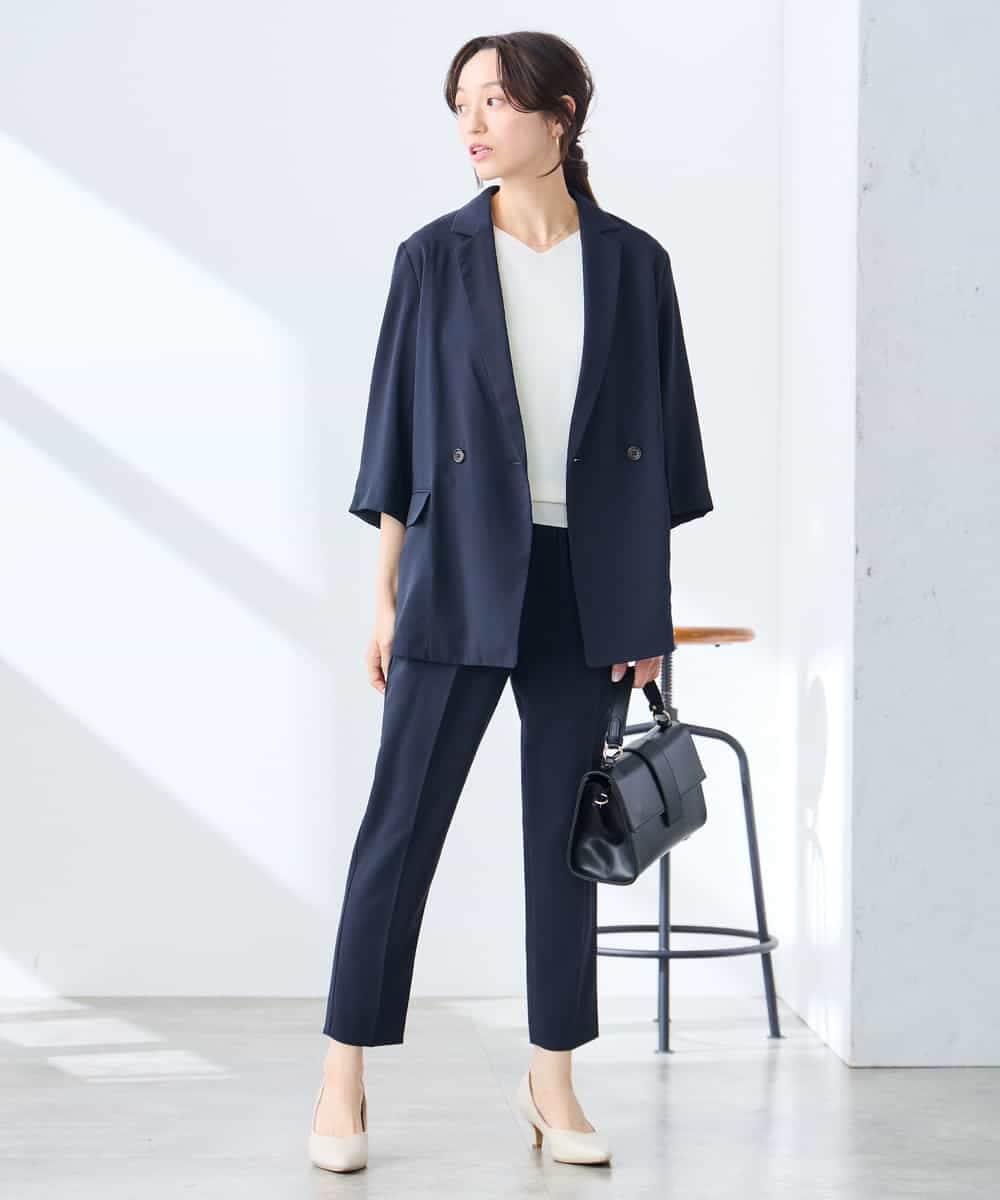 K3JGD06089 a.v.v Elmi(アー・ヴェ・ヴェ) 【低身長サイズ】ハーフスリーブダブルジャケット［接触冷感/速乾/UVカット/イージーケア］ ネイビー