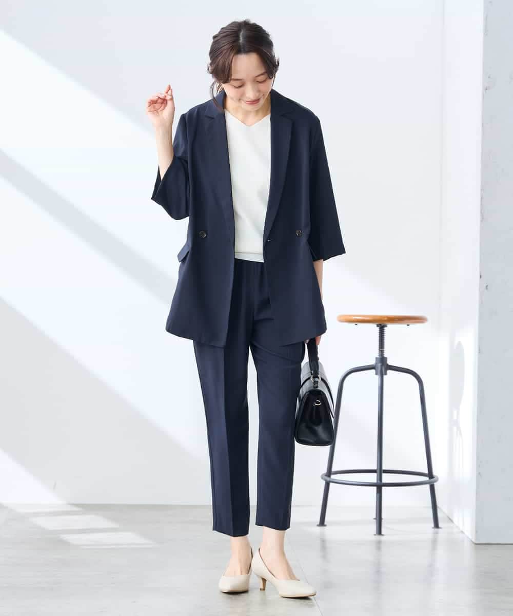 K3JGD06089 a.v.v Elmi(アー・ヴェ・ヴェ) 【低身長サイズ】ハーフスリーブダブルジャケット［接触冷感/速乾/UVカット/イージーケア］ ネイビー