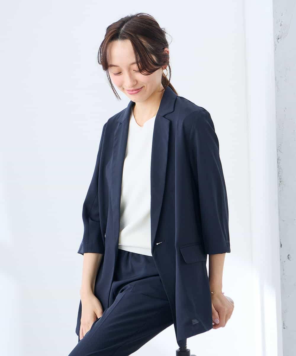 K3JGD06089 a.v.v Elmi(アー・ヴェ・ヴェ) 【低身長サイズ】ハーフスリーブダブルジャケット［接触冷感/速乾/UVカット/イージーケア］ ネイビー