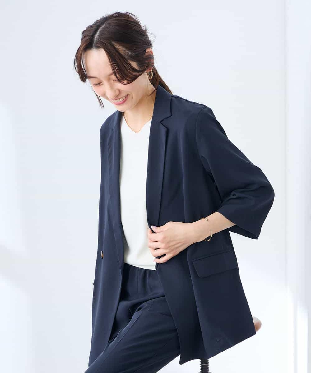 K3JGD06089 a.v.v Elmi(アー・ヴェ・ヴェ) 【低身長サイズ】ハーフスリーブダブルジャケット［接触冷感/速乾/UVカット/イージーケア］ ネイビー