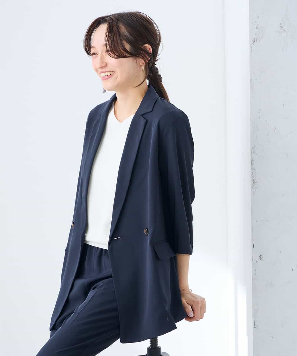 K3JGD06089 a.v.v Elmi(アー・ヴェ・ヴェ) 【低身長サイズ】ハーフスリーブダブルジャケット［接触冷感/速乾/UVカット/イージーケア］ ネイビー