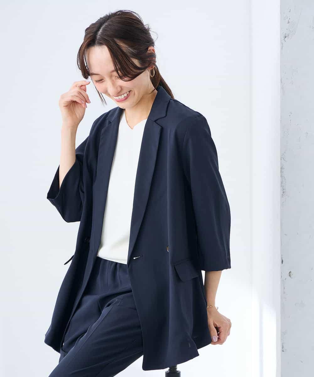 K3JGD06089 a.v.v Elmi(アー・ヴェ・ヴェ) 【低身長サイズ】ハーフスリーブダブルジャケット［接触冷感/速乾/UVカット/イージーケア］ ネイビー