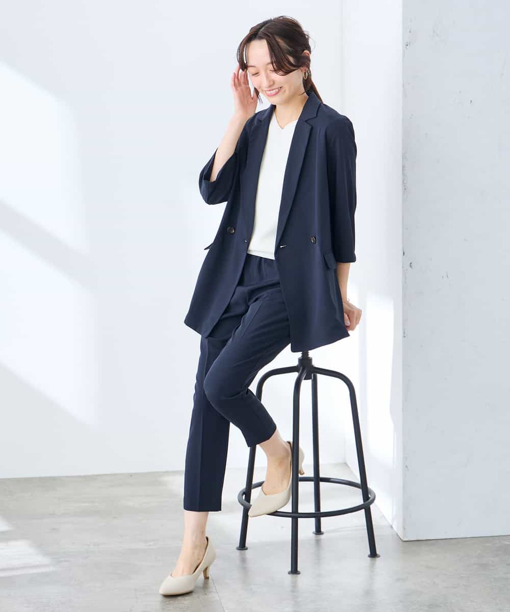 K3JGD06089 a.v.v Elmi(アー・ヴェ・ヴェ) 【低身長サイズ】ハーフスリーブダブルジャケット［接触冷感/速乾/UVカット/イージーケア］ ネイビー