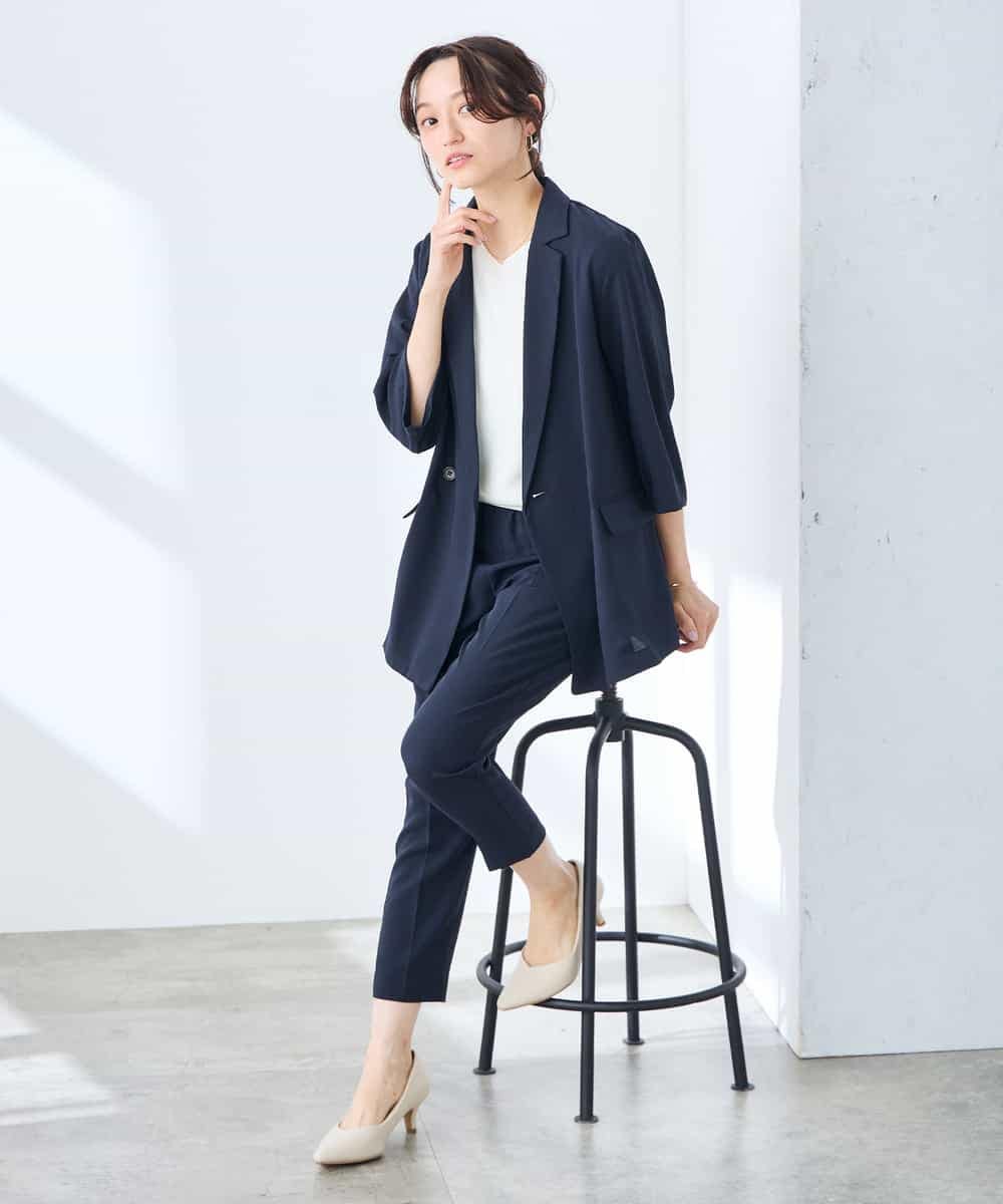 K3JGD06089 a.v.v Elmi(アー・ヴェ・ヴェ) 【低身長サイズ】ハーフスリーブダブルジャケット［接触冷感/速乾/UVカット/イージーケア］ ネイビー