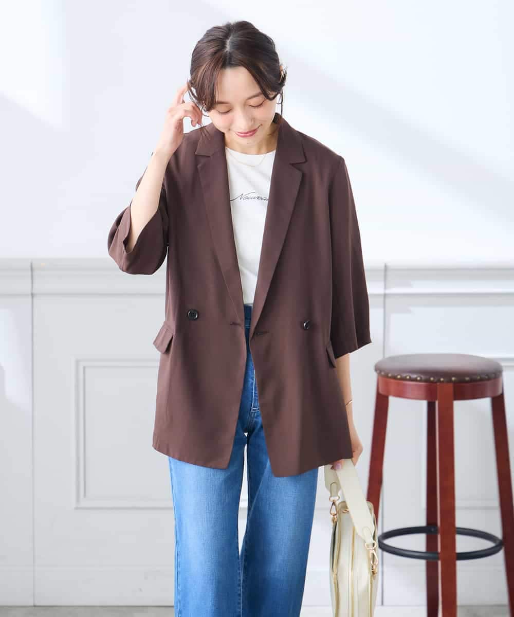 K3JGD06089 a.v.v Elmi(アー・ヴェ・ヴェ) 【低身長サイズ】ハーフスリーブダブルジャケット［接触冷感/速乾/UVカット/イージーケア］ ネイビー