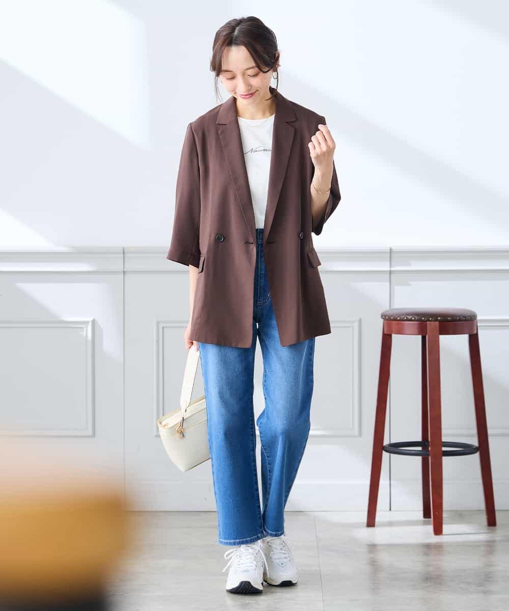 K3JGD06089 a.v.v Elmi(アー・ヴェ・ヴェ) 【低身長サイズ】ハーフスリーブダブルジャケット［接触冷感/速乾/UVカット/イージーケア］ ネイビー