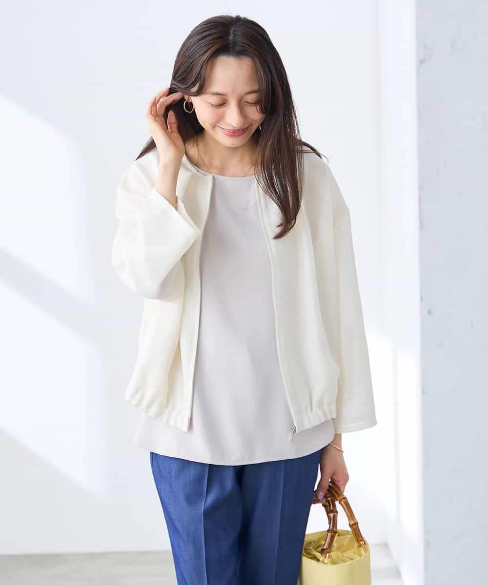 K3JGD18079 a.v.v Elmi(アー・ヴェ・ヴェ) 【低身長サイズ】ノーカラーメッシュブルゾン アイボリー