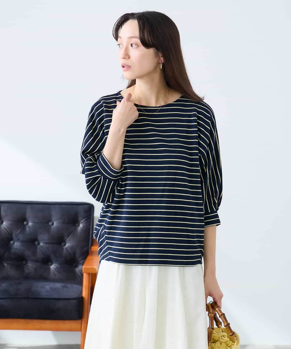 K3KFD03039 a.v.v Elmi(アー・ヴェ・ヴェ) 【低身長サイズ】ボーダードルマントップス ライトイエロー