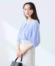 K3KFD21039 a.v.v Elmi(アー・ヴェ・ヴェ) 【低身長サイズ】タックスリーブストライプカットソー ライトブルー