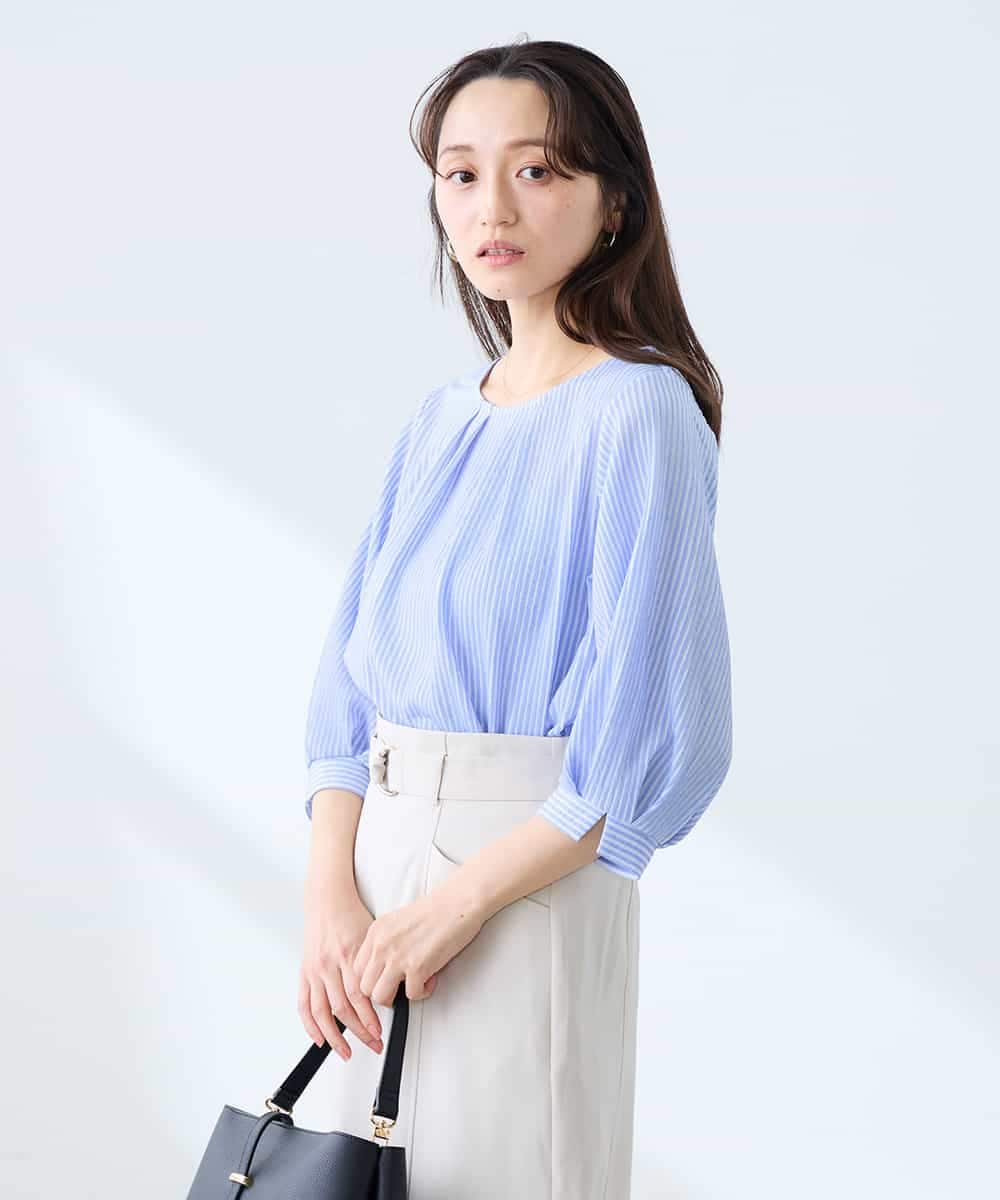 K3KFD21039 a.v.v Elmi(アー・ヴェ・ヴェ) 【低身長サイズ】タックスリーブストライプカットソー ライトブルー